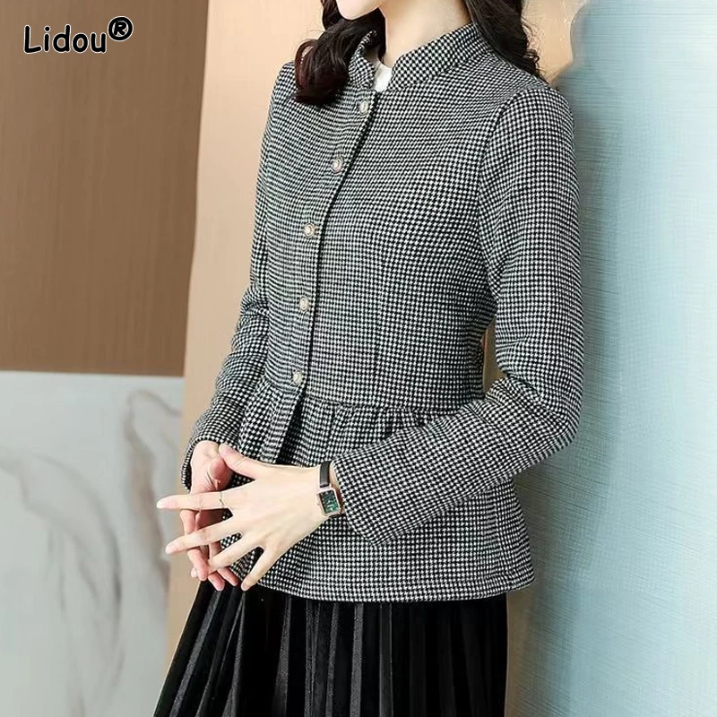 Women\'s Clothing Coats Jackets Jackets Houndstooth Thin Korean Women Single Breasted Skirt Autumn Winter Stand Button Dignified