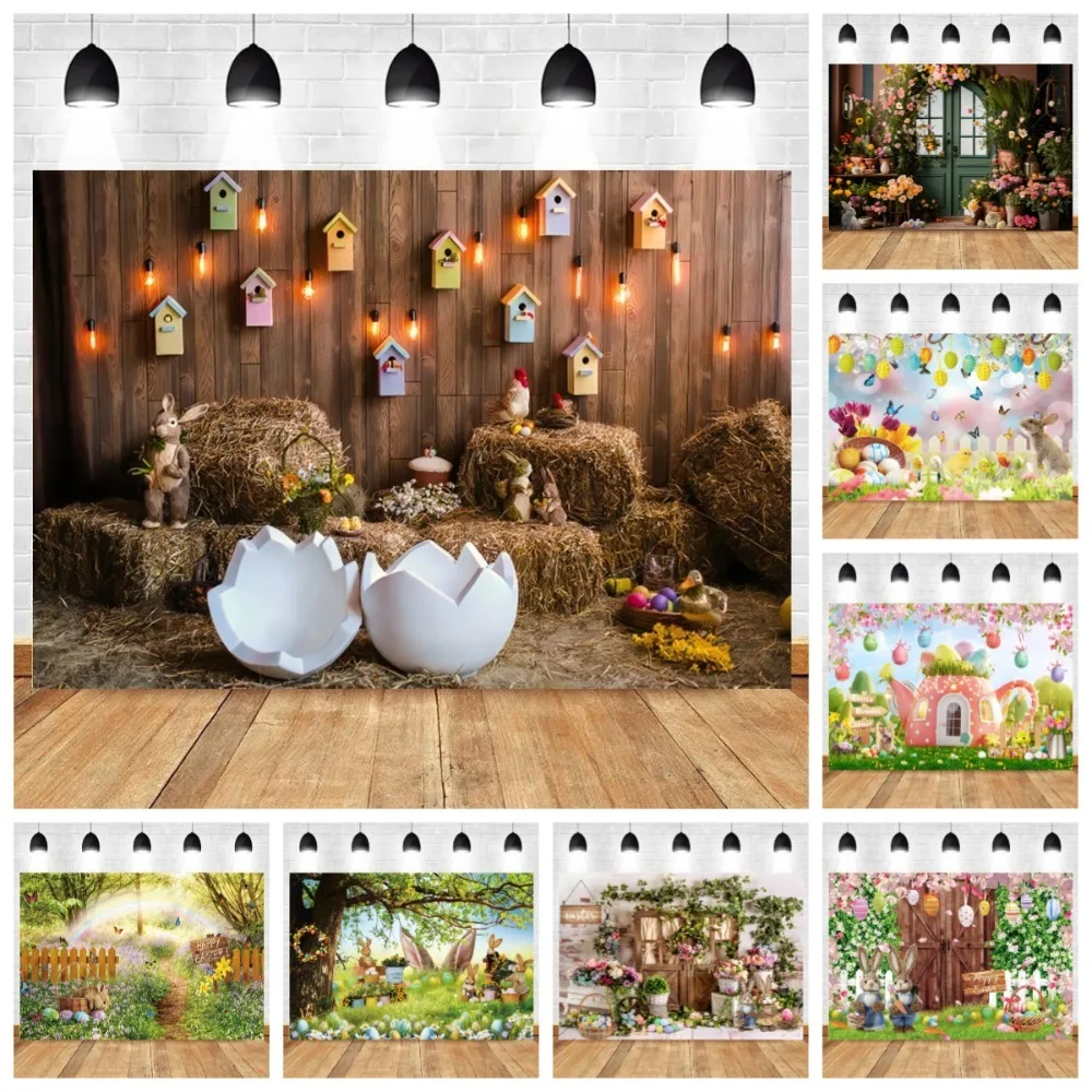 

Spring Easter Wooden Door Green Grass Garden Theme Banner Backdrop, Children's Birthday Party Decoration Set Shadowless Backdrop