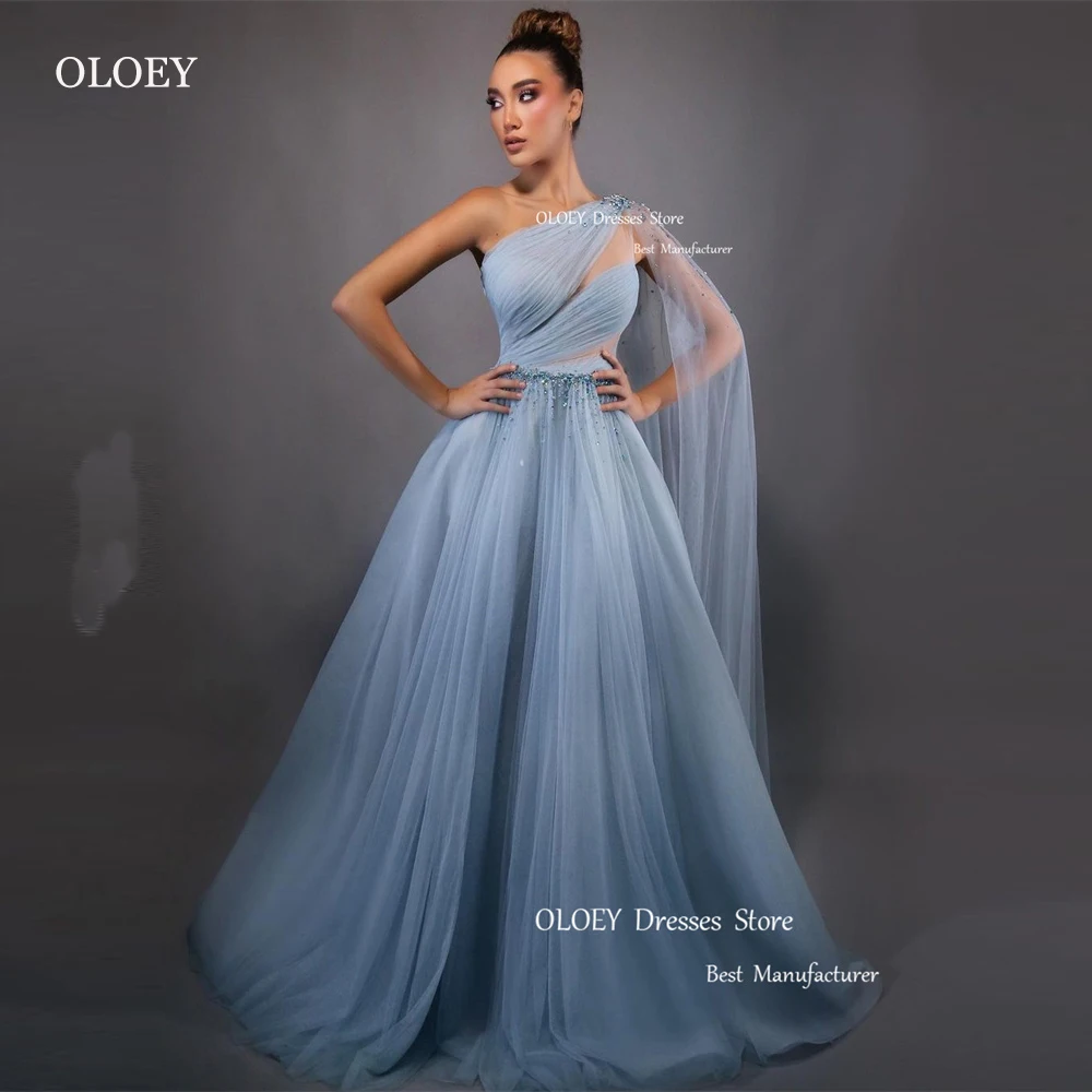 

OLOEY Elegant Light Blue Tulle Long Prom Evening Dresses Long One Shoulder Cape Sleeve Beads Prom Gowns Formal Party 2023