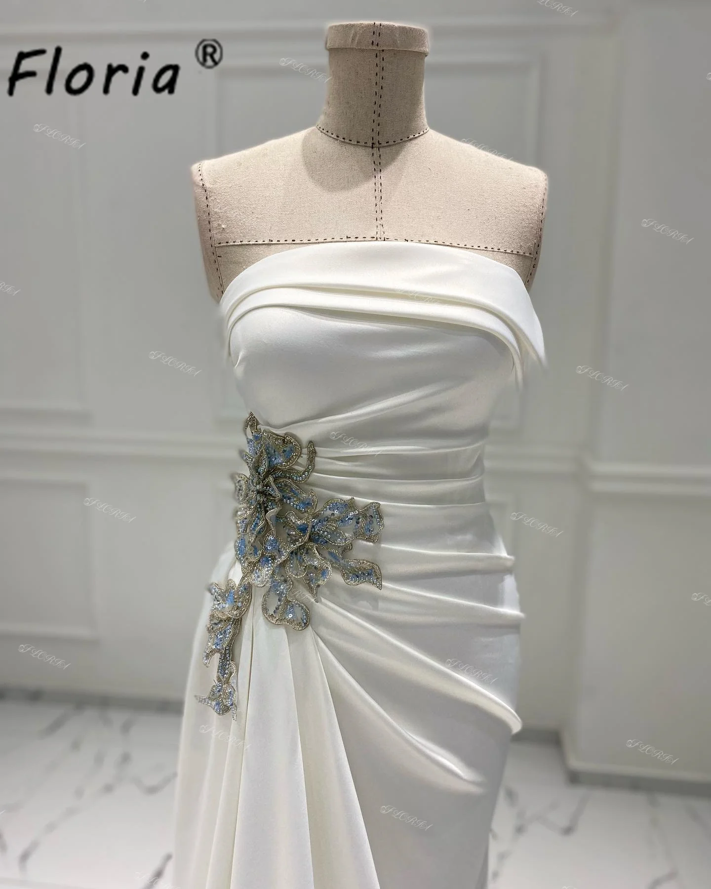 Vestido de fiesta de sirena de marfil sin tirantes con cola lateral, plisado, apliques, vestido de graduación de Noche, vestidos de fiesta elegantes hechos a medida