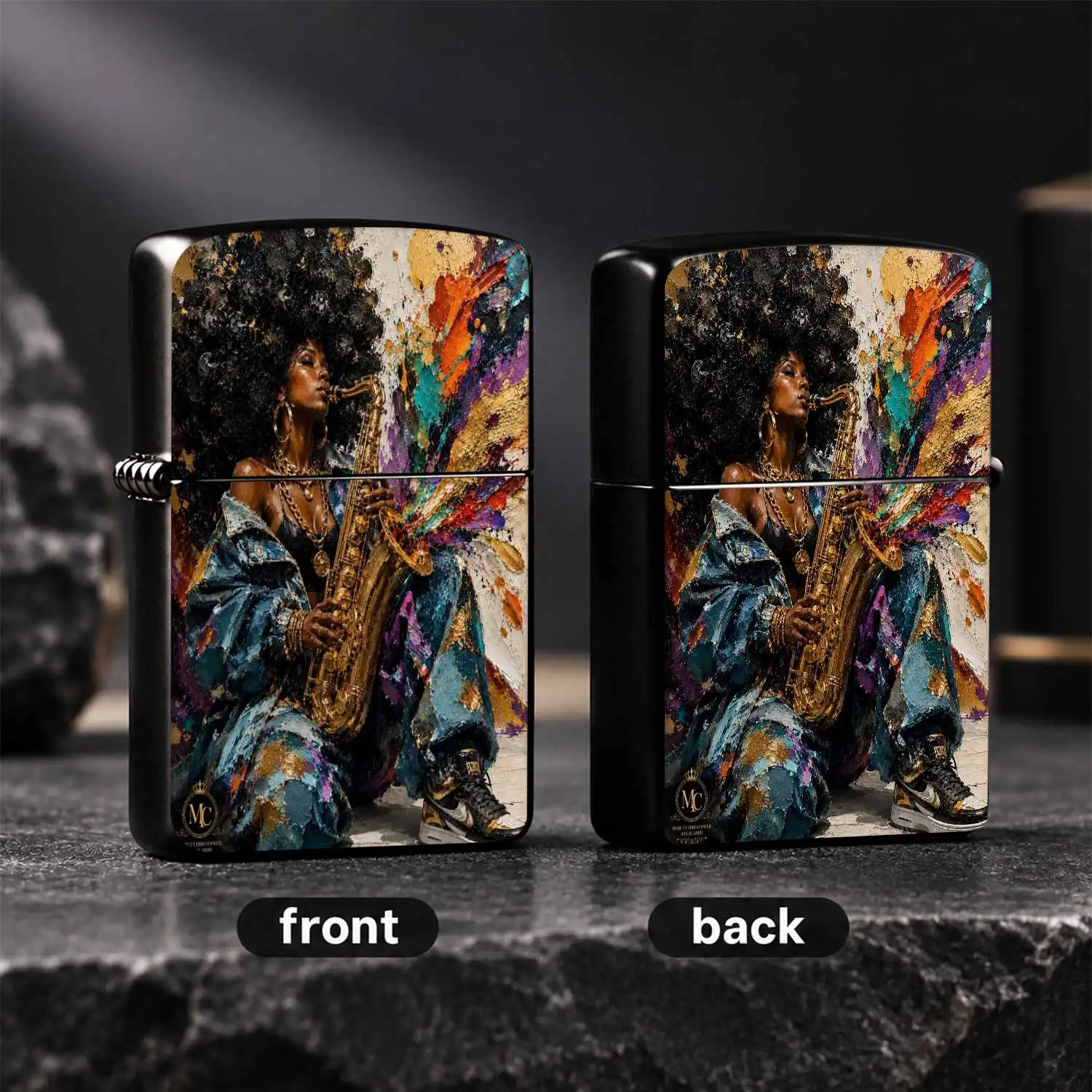 Vibrant Jazz Saxophonist Art Print Pocket Lighter, Stylish Afro Lady Themed Portable Igniter, Creative Aesthetic Accessory For Daily Carry, Gatherings, Holiday Gifting And All Scenarios With Exquisite Textured Painting Detail A Humorous And