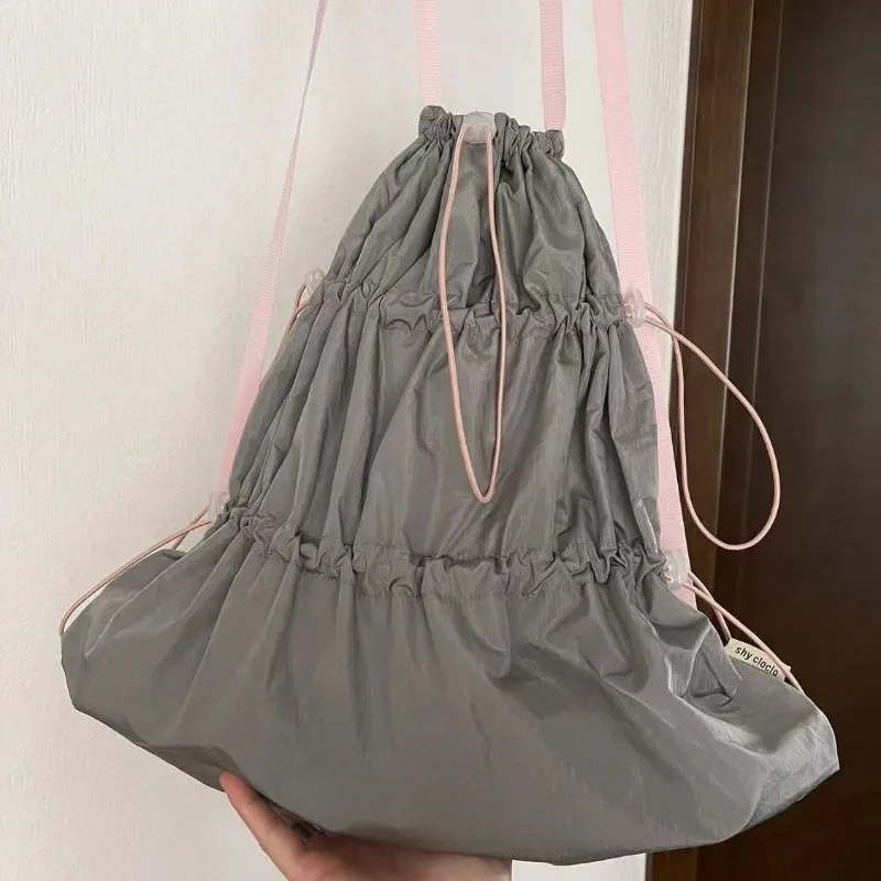 Japanese Y2k Aesthetic Pleated Drawstring Backpack Women Students Casual Vintage Schoolbags Simple All Match Casual Backpacks