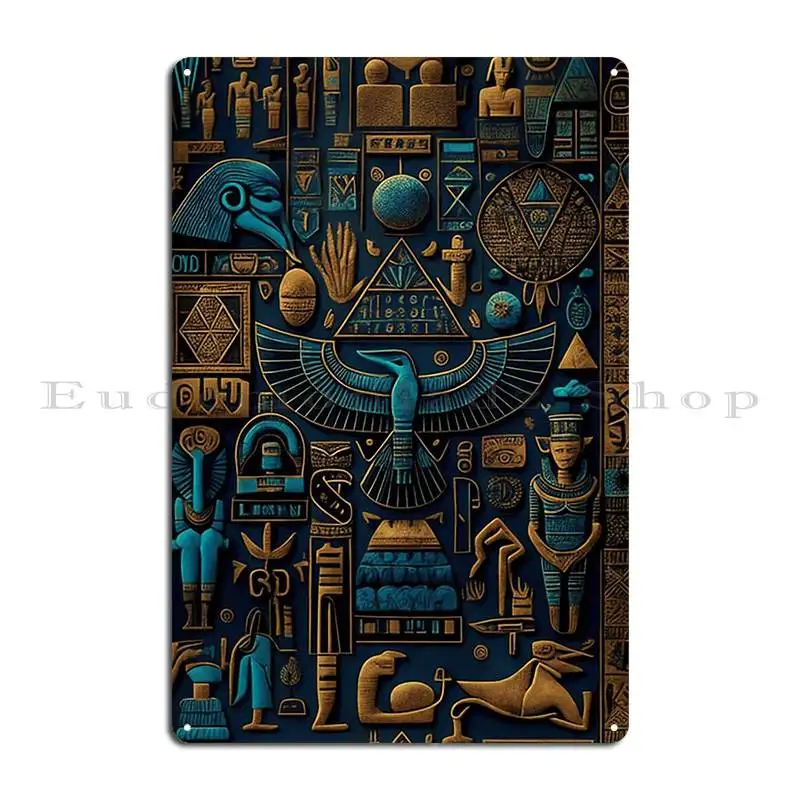 Olden Egyptian Blue And Yellow Pictograms And Hieroglyphs Ancient Religious Metal Plaque Poster Bar Cinema Tin Sign Poster