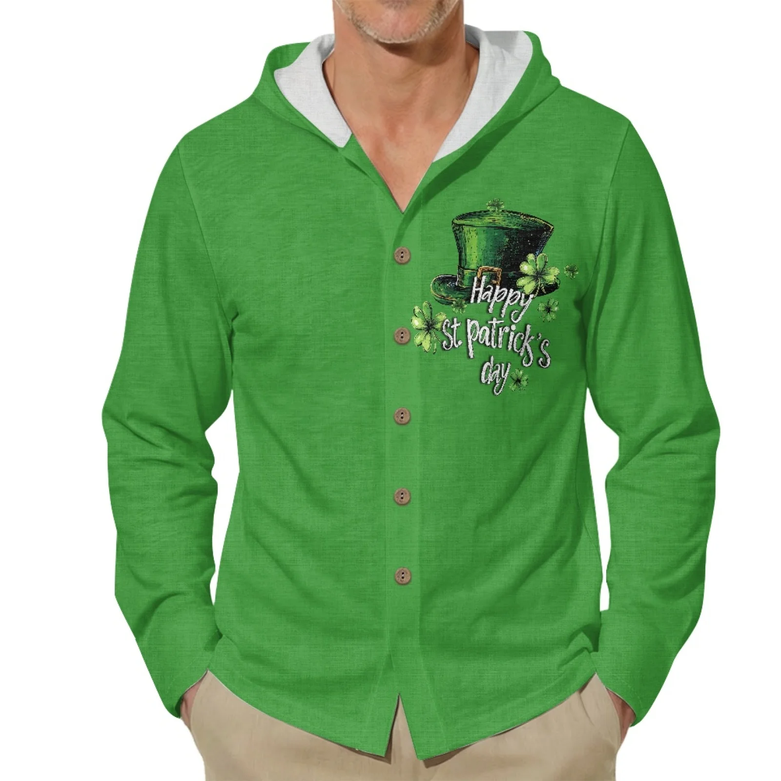 PENSTROLL St. Patrick's Casual Sports Jacket Featuring Linen Like Fabric, Button up Hooded Top for Men, Size S-3XL