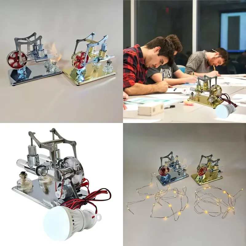 Hot Air Stirling Engine Electricity Generator Motor Physical Dual Engine Model with LED Bulb Dollar Flywheel Design DIY Toy