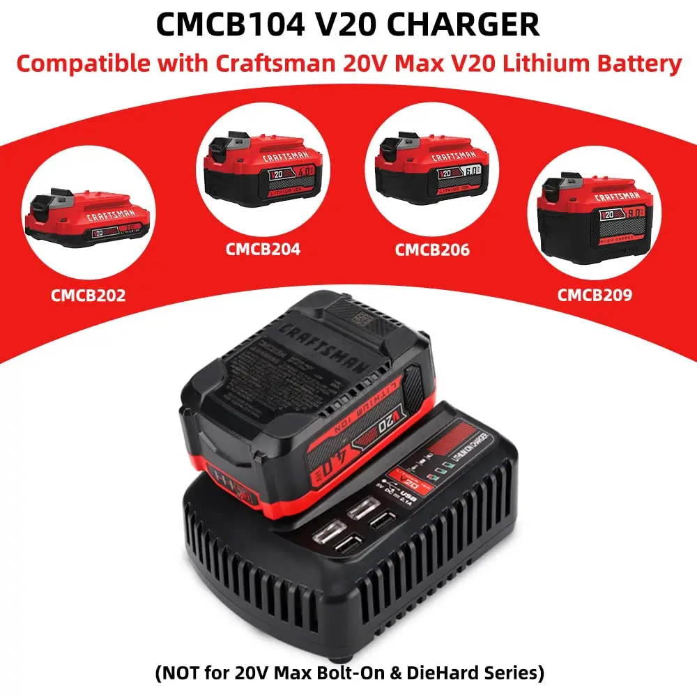 For Craftsman Li-ion Lithium Battery 18V 20V Fast Charger With Dual USB Port For CMCB100 CMCB102 CMCB104 Rechargeable Power Tool