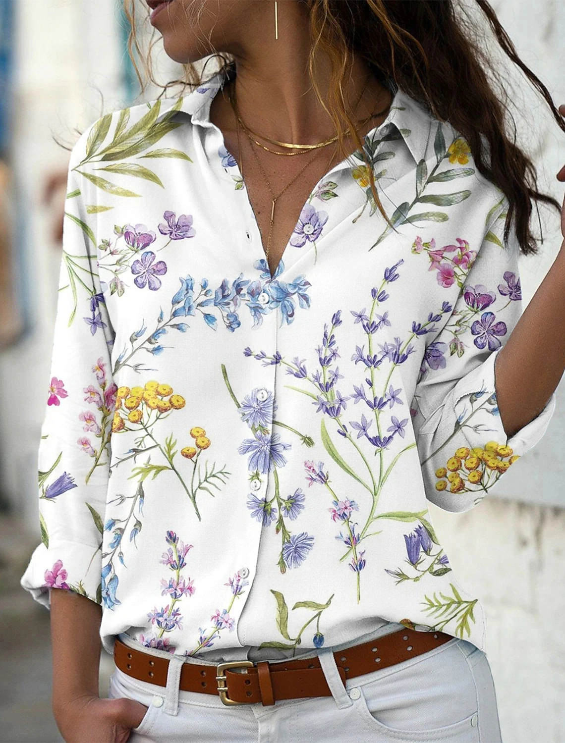 Camisa de manga larga con estampado 3D de gato y flores para mujer, blusa informal de moda Harajuku, 2024