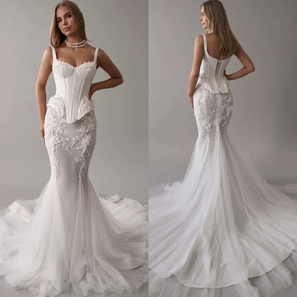 

Customized Mermaid White Tulle Wedding Dresses for Woman Elegant Strapless Bridal Gowns Lace Up Back Earthy Wedding Dress