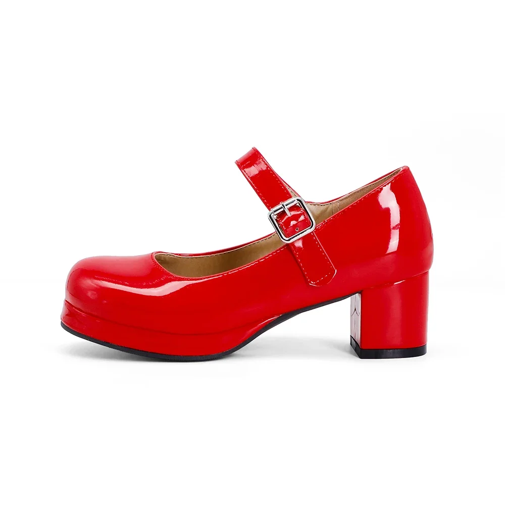 Brand New Comfortable Orange Black Women Pumps Fashion Chunky Med Heels Lady Mary Janes Shoes Small Big Size 30 45 48 view 3