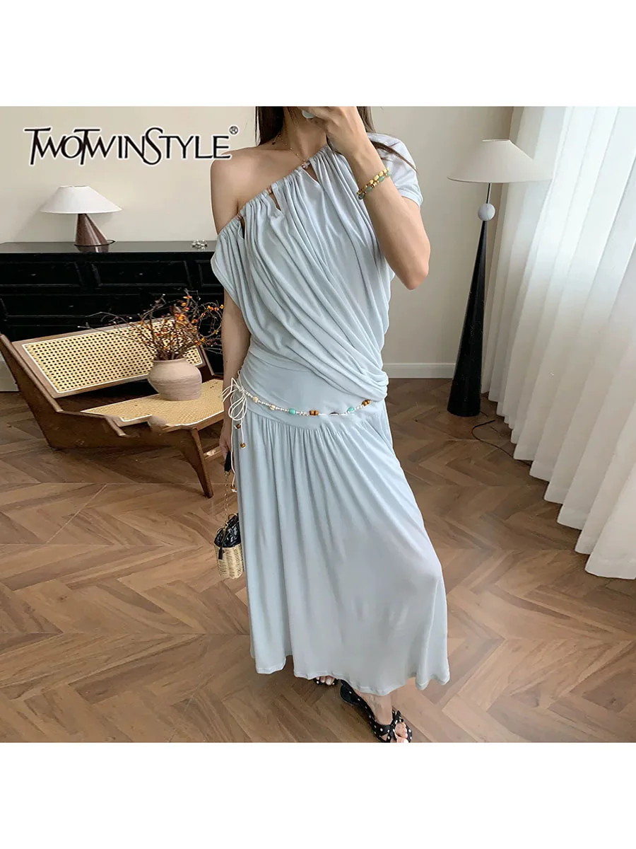TWOTWINSTYLE Solid Spliced Draped Loose Two Piece Set for Women Diagonal Neck Short Sleeve Top High Waist Midi Skirt Sets Female