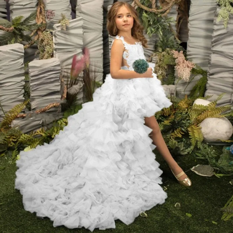 

Birthday Flower Girl Dresses for Wedding 2 Piece Applique Princess Pageant Dress with Detachable Train Toddlers Tiered Tulle