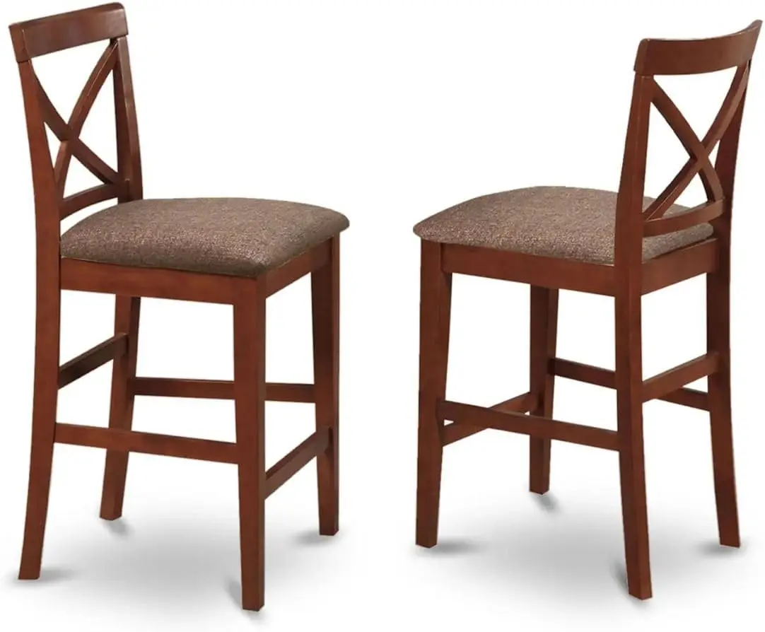 PBS-BRN-C Pub Counter Height Bar Stool - Linen Fabric Bar Height Dining Chairs, Set of 2, Brown