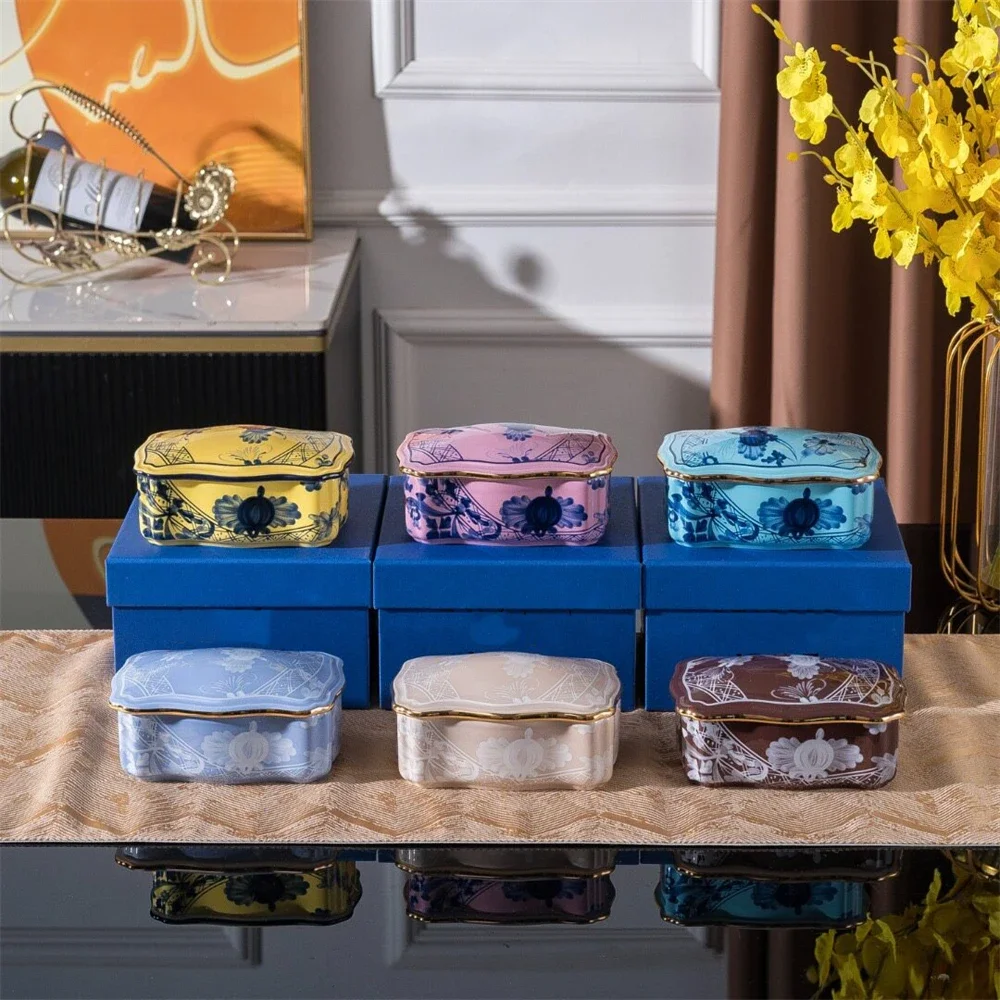Household Ceramic Storage Box Italian Jewelry Ring Earrings With Lid Storage Box Square Round High-end Gift Box Holiday Gift