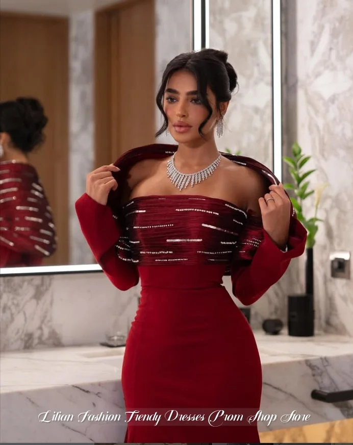 Maßgeschneidertes burgunderrotes Abendkleid aus dem Nahen Osten, schulterfrei, Ballkleid mit Kristallapplikation, formelles Anlasskleid, Hochzeitskleid