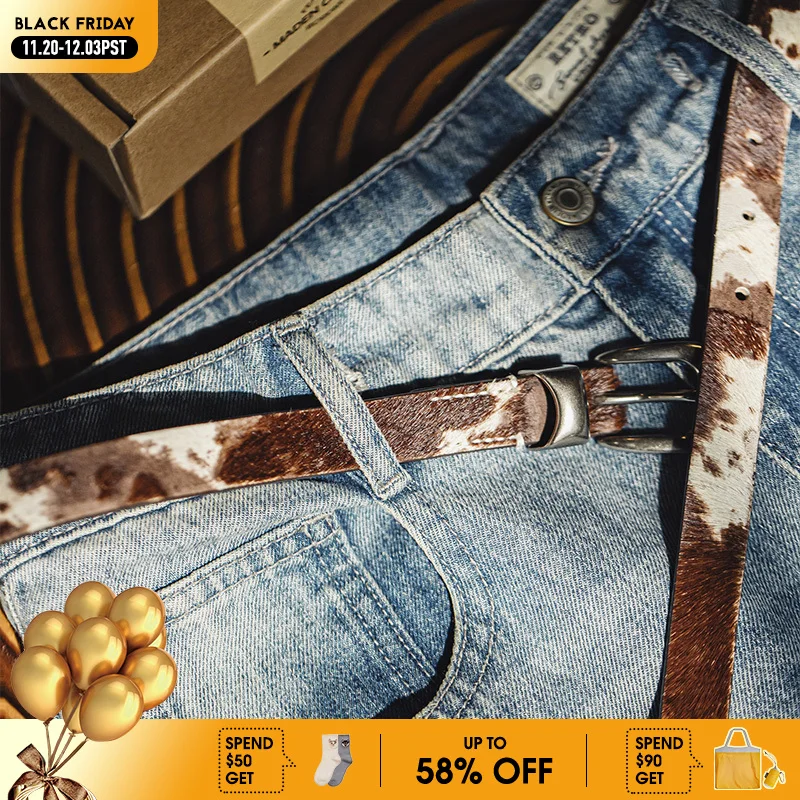 حزام جلد نسائي من Maden عتيق بطبعة الفهد الأسود وحزام من جلد البقر الضيق مع إبزيم دبوس وإكسسوارات خصر نسائية عصرية