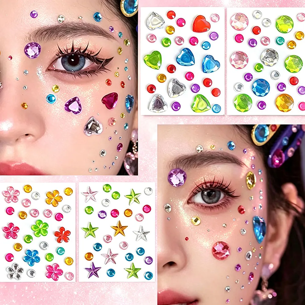 4Pcs/Set Face Gem Stickers Colorful Heart Star Flower Teardrop Rhinestone Face Jewels for Festival Party Eye Makeup Nail Decor
