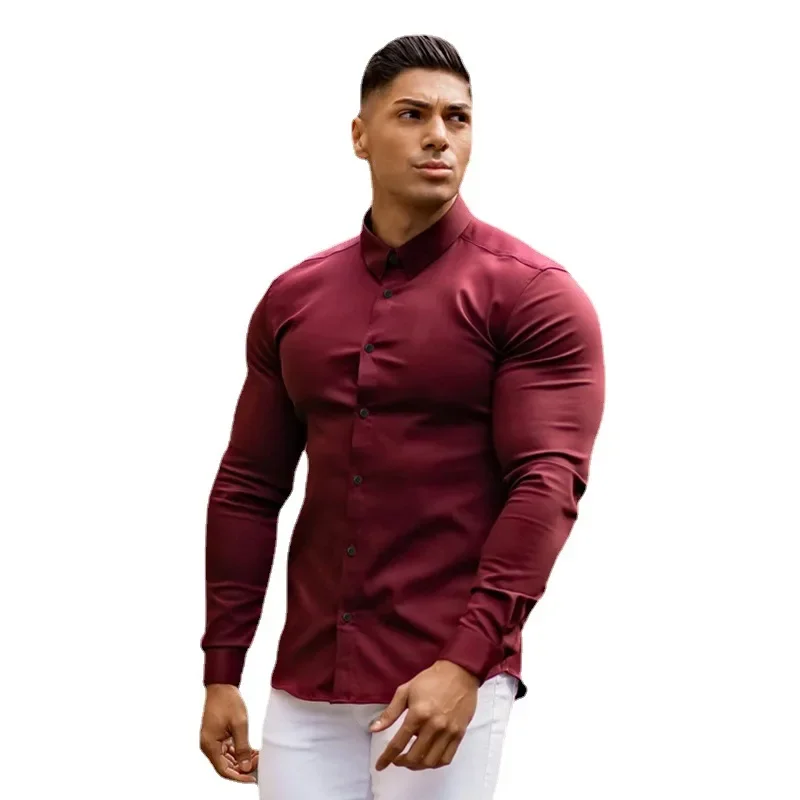 Spring Autumn Fashion Full Sleeve Shirt Men Solid Casual Slim Fit Social Business Dress Shirt Mens Gym Fitness Sports Clothing