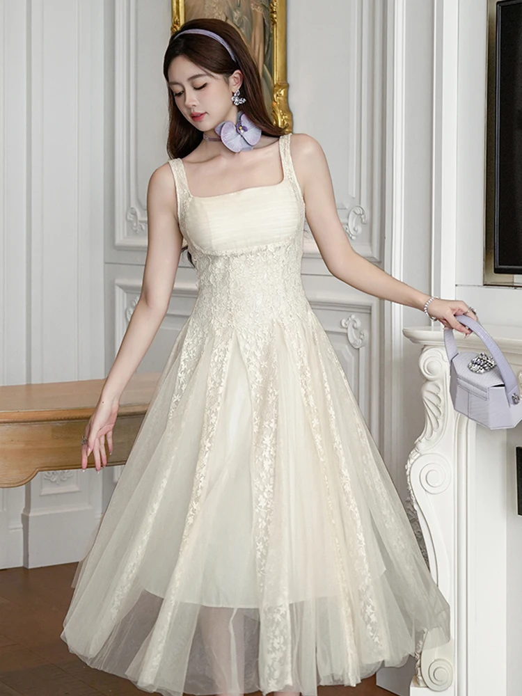 Neue frauen Spitze Tüll Saum Sling Schlank Maxi Kleid Elegante Formale Party Abendkleid Robe Dame Kleidung Süße Vestidos Fiesta urlaub