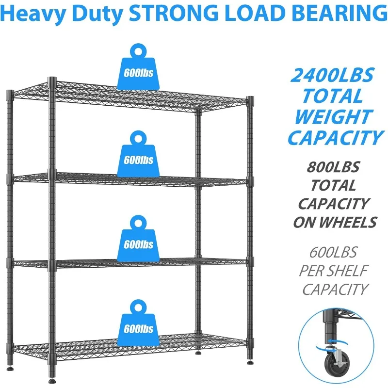 60”W Storage Shelves, 4 Tier Heavy Duty Wire Shelving Unit with Wheels, 2400LBS Commercial Adjustable Metal