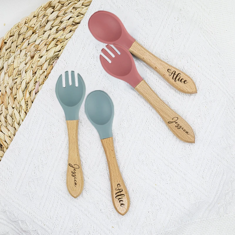 

Personalized Baby Tableware Silicone Spoon and Fork Set with Customizable Name Baby Shower Gift Wooden Handle Silicone Spoon