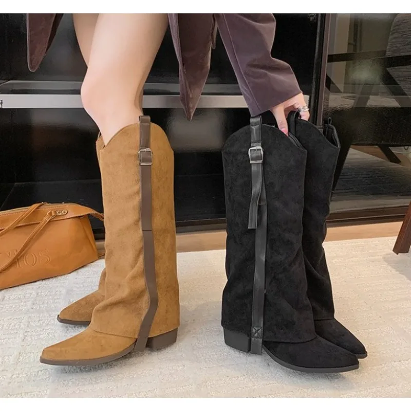 

Новый стиль, модные зимние уличные сапоги до колена с острым носком, женская обувь на низком каблуке, женские длинные ботильоны, Zapatos De Mujer