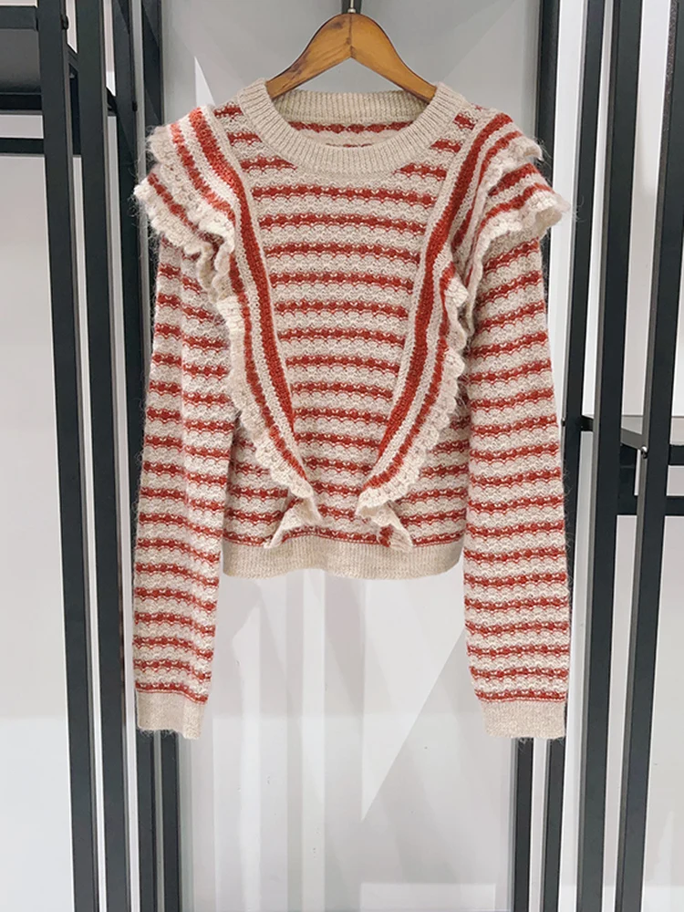 

Autumn Winter New Sle Women's round Ne Sweater Striped Tkae off Coat Warmth Flared Decoration Camere Blend Knitwear