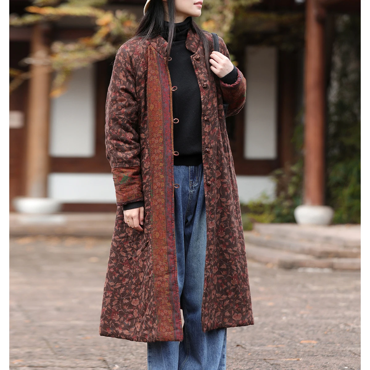 LZJN-Ethnic Cotton-Padded Coat, Vintage Print Patchwork, Distressed Finish, Warmth, Medium-Long, New Chinese Style