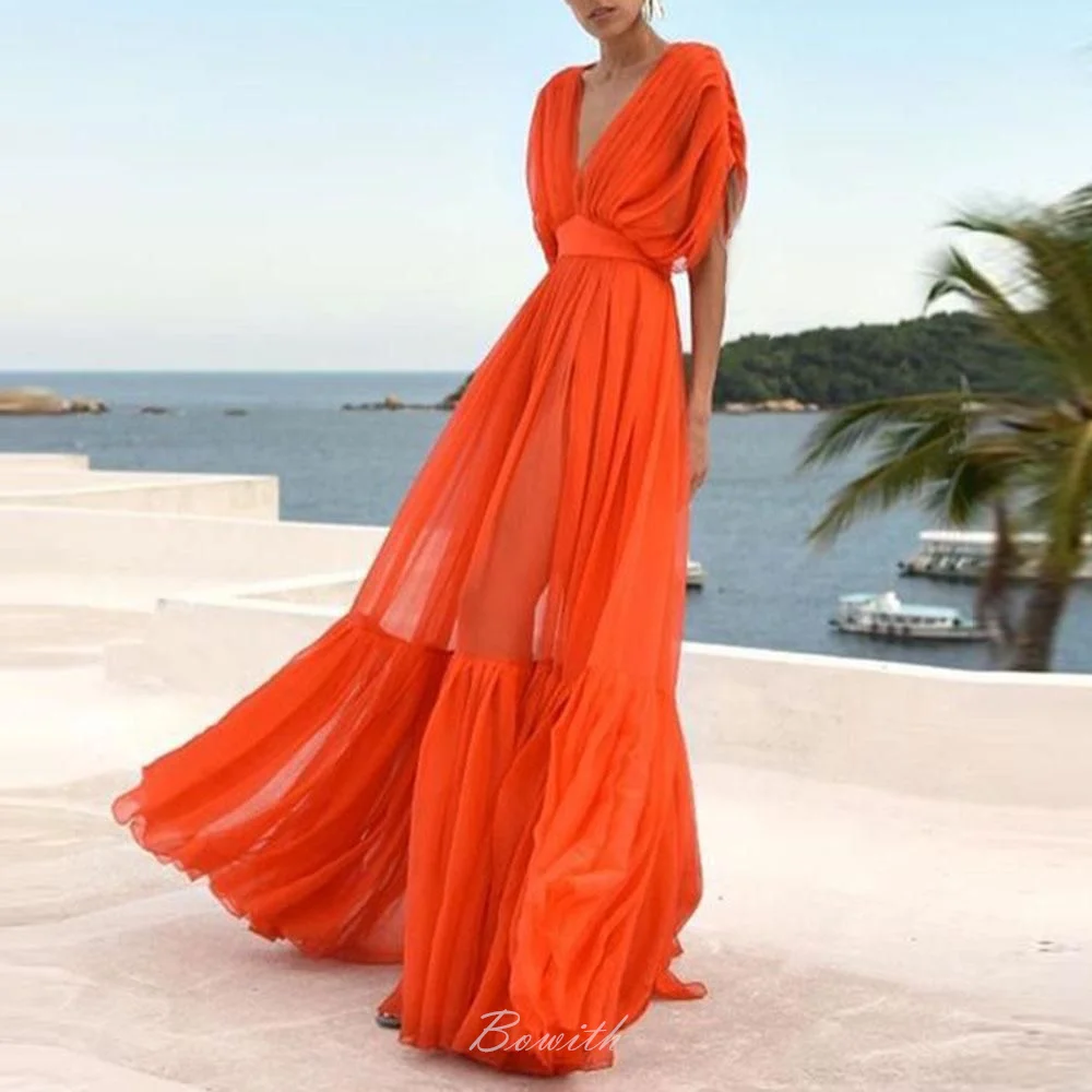 Bowith Orange Evening Wedding Party Dresses V-Neck Sexy Tulle Long Dress For Dancing Parties Prom Gown Summer Beach vestidos