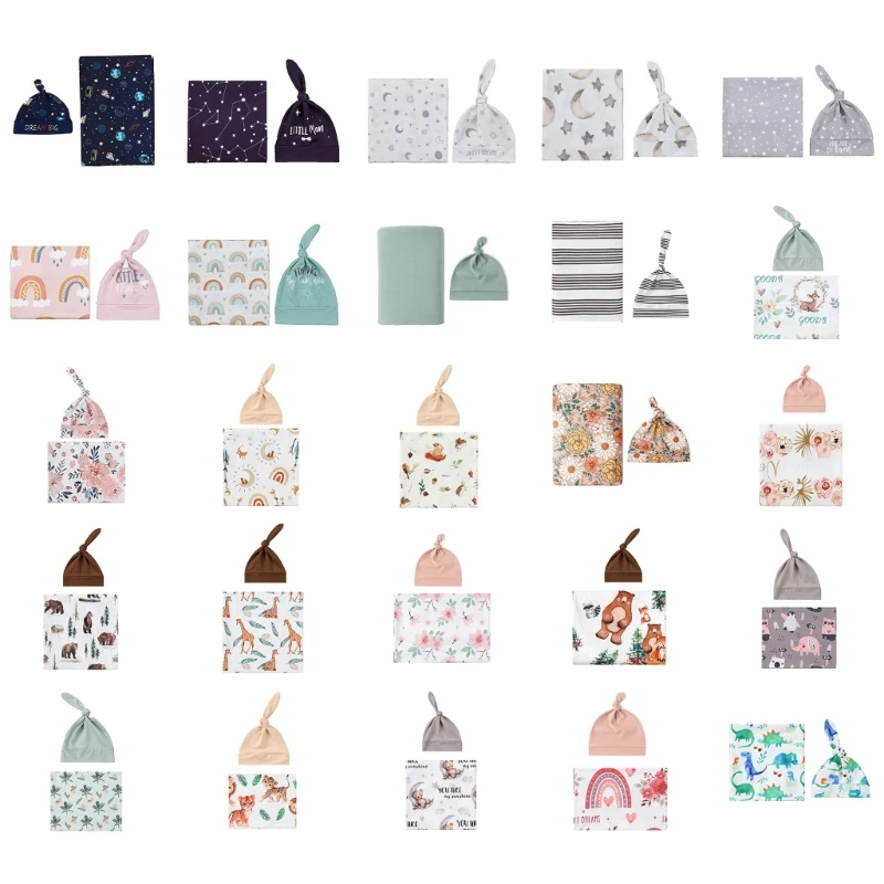 77HD Newborn Baby Swaddles Wrap Cloth & Hat Set Breathable Infant Wrap Cloth Receiving Blanket & Beanie Cap Shower Gift