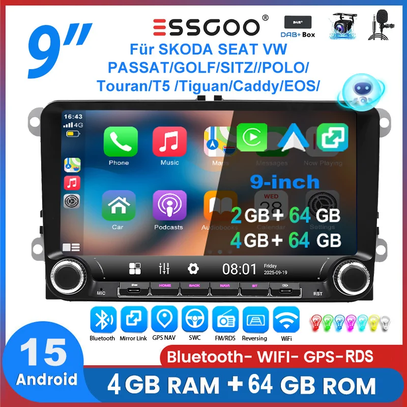 ESSGOO 9"Android15 Autoradio für VW Golf 5 6 Passat Polo 6R Touran Tiguan Caddy EOS Jetta Seat Skoda CarPlay GPS Navi RDS FM BT