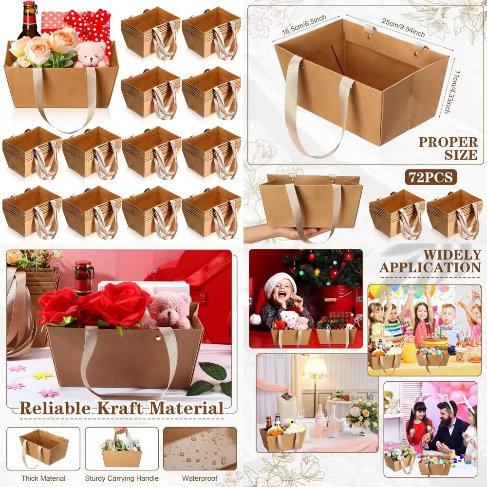

9.8 x 6.5 x 4.3 Brown Kraft Gift Baskets, 72-Pack, Waterproof with Handles, Ideal for Weddings, Parties, and Holidays