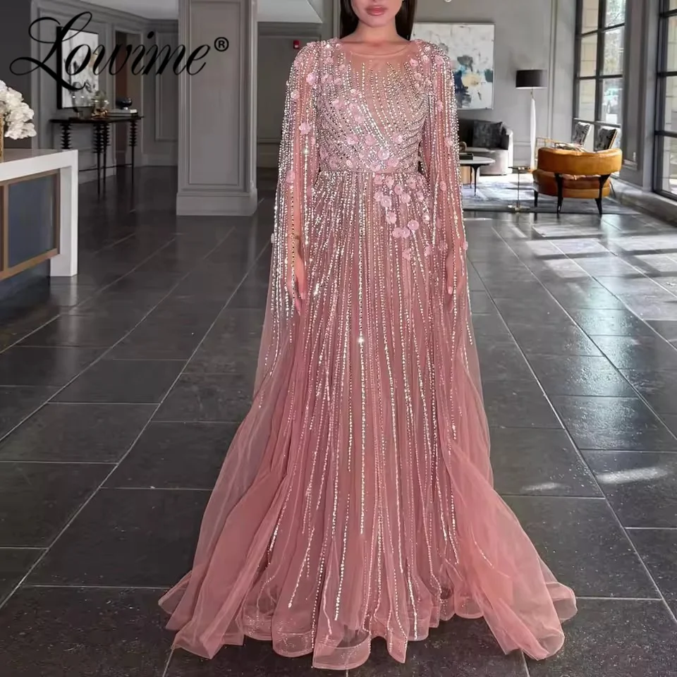 

Pink Long Sleeves Women Evening Dress Elegant A Line Beading Women Party Dresses Customized Robes 2026 Dubai Arabic Party Gowns