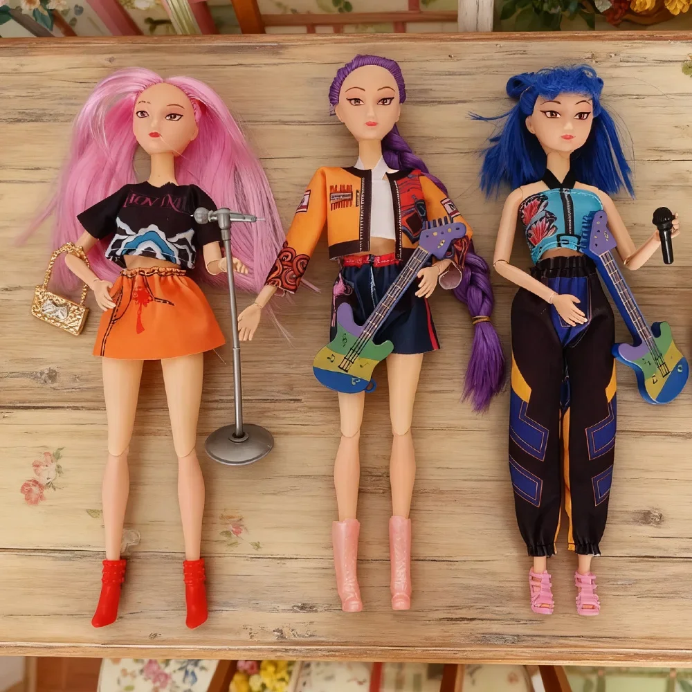 K-Pop Demon Hunters Style Dolls Set with Guitar Microphone Bag Accessories Fashion Dolls for Kids Play & Collection