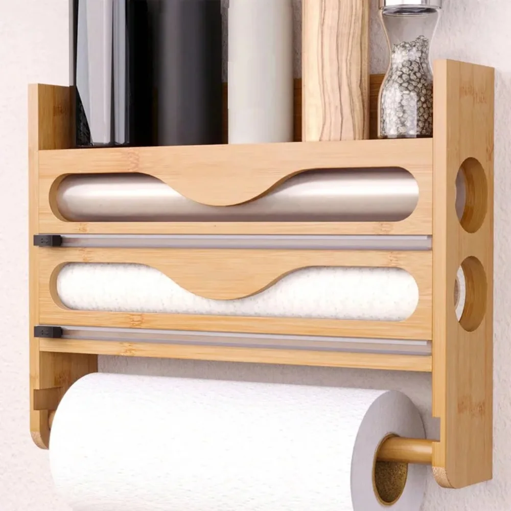 

Bamboo Foil and Clingfilm Organizer with Cutter Wall Mounted Paper Towel Holder,For Home Kitchen Organization and Storage