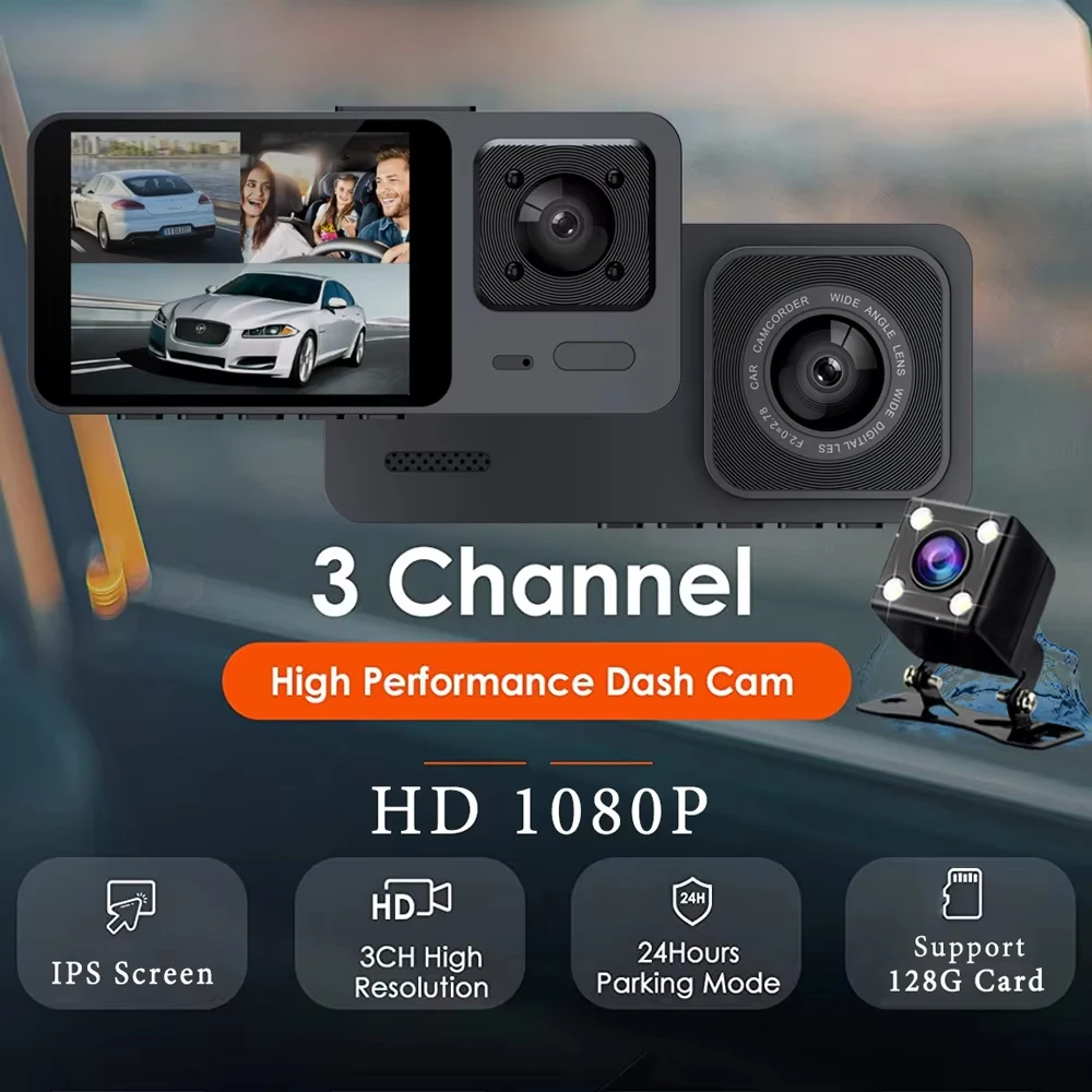 3 Channel Dash Cam Three Way Car DVR  Inside Vehicle Camera Mini Recorder HD 1080P Video Mini Registrator Dashcam Camcorder