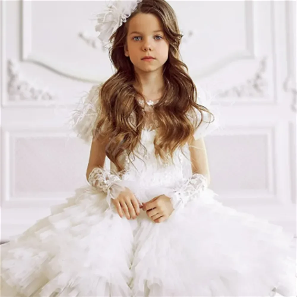 Pure Angel Short-sleeved Tulle Lace Printing Flower Girl Dress Princess Ball First Communion Dresses Surprise Birthday Present