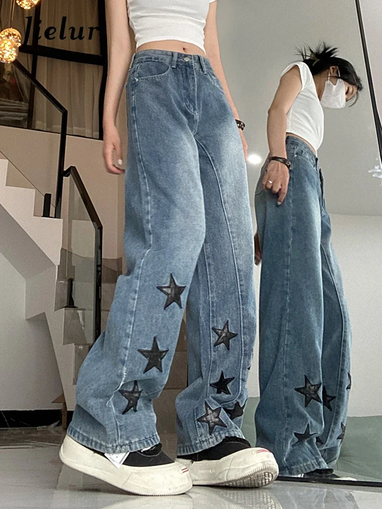 Jielur Estrelas Impresso Estilo Americano Jeans Feminino Verão Nova Moda Reta Ins Calças Perna Larga das Mulheres Chique Streetwear Jeans