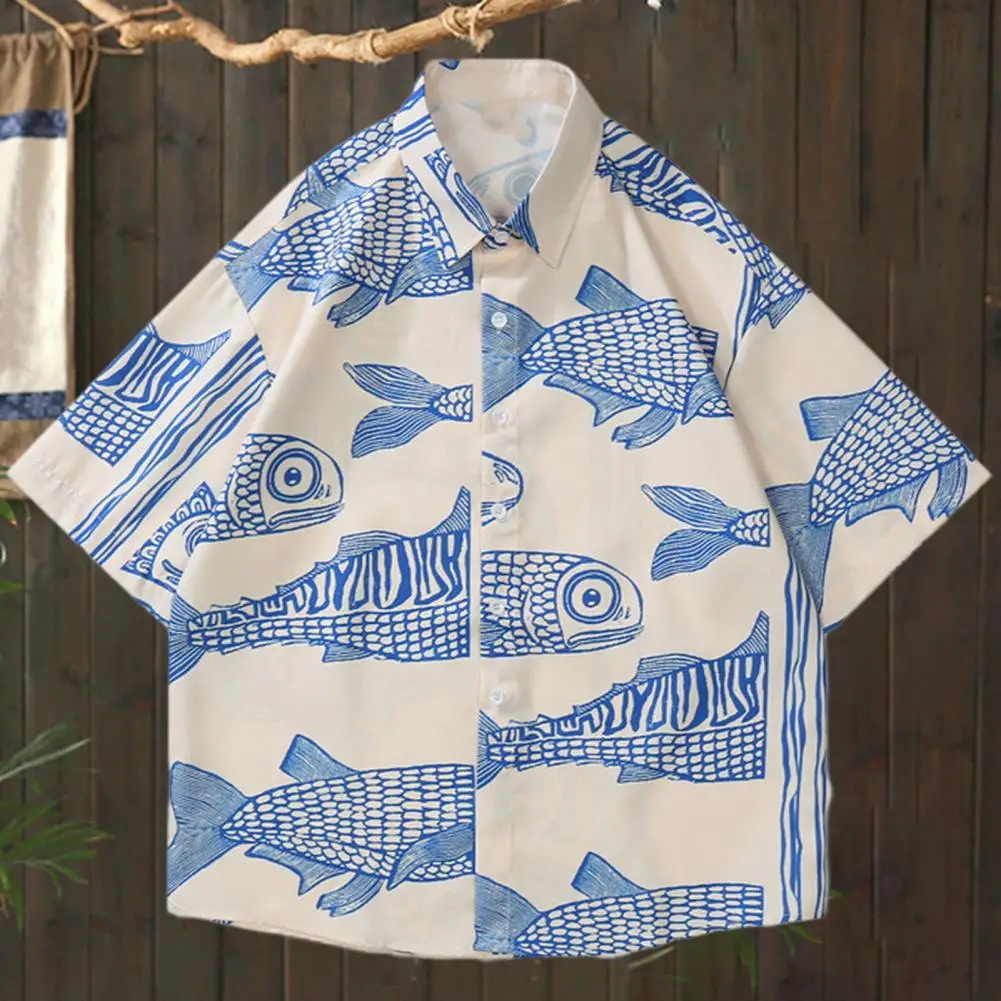 Men Beach Shirt 3D Fish Print Short Sleeves Summer Shirt Turn-down Collar Single-breasted Men Top Male Clothes For Daily Wear