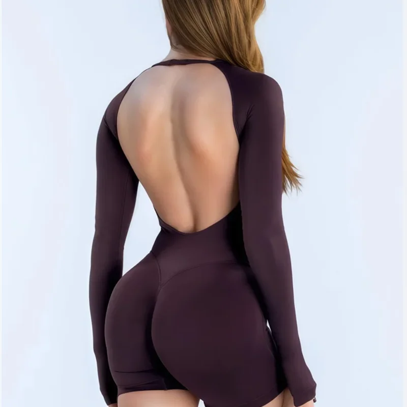 HISTELLO High Elastic Long Sleeve One Piece Women Hollow Back Bodycon Slim Soft Stretch Gym Fitness Run Sport Jumpsuit