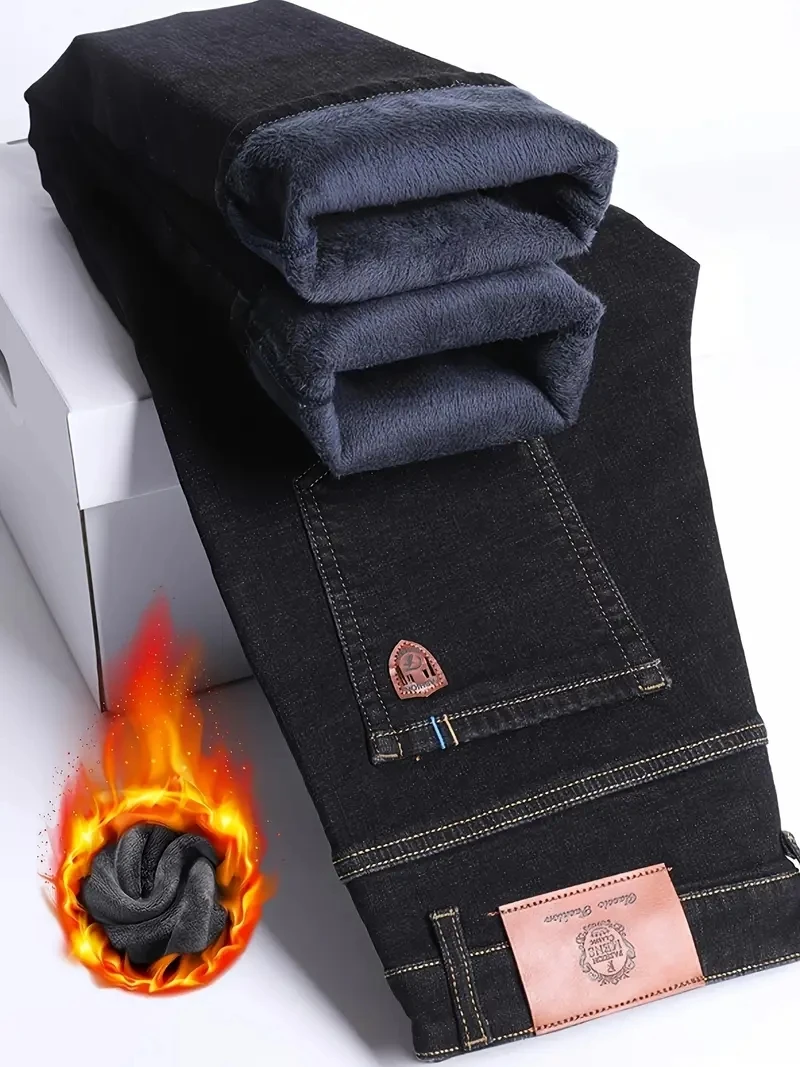 2026 Winter New Men's Fleece Warm Jeans Classic Style Business Casual Thicken Regular Fit Denim Pants Black Blue Brand Trousers