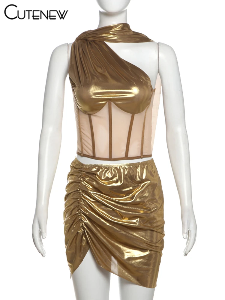 

Cutenew Mesh Patchwork Women 2 Piece Set Sexy Stunning Irregular Slash Neck Crop Tanks+High Waist Slim Mini Skirts Club Outfits