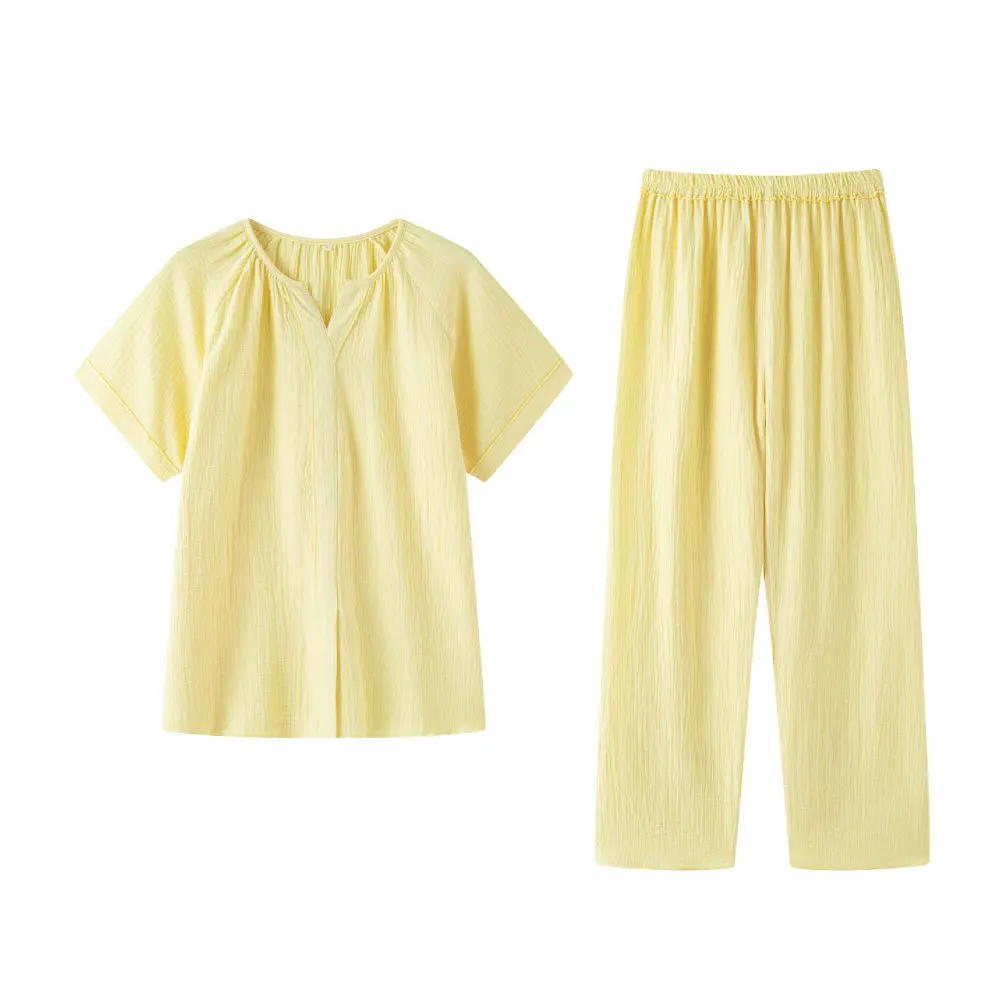 Summer Female Casual Simple Pajama Sets Girl 100%Cotton Sleepwear Suit Women Top Quality Half Sleeve  V-neck Collar Home Clothes