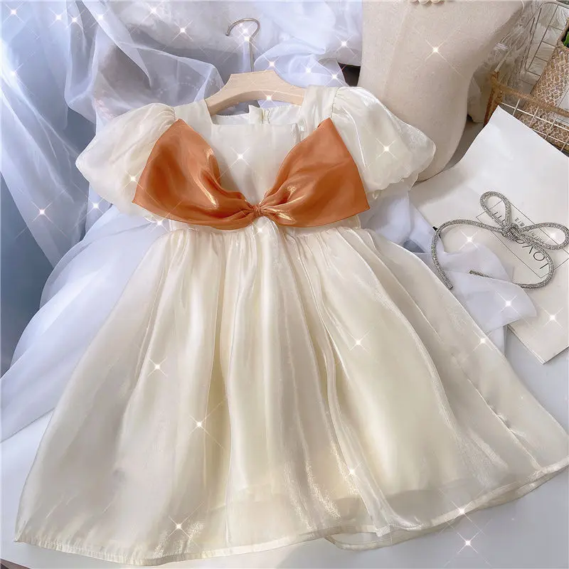 

Girls Dress Yarn brocade fabric Short Sleeve Dress Kids New Bubble Sleeves Fashionable Princess Bow Dress Summer