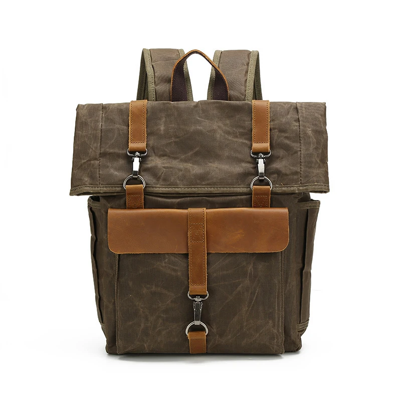 Wild Horse Leather Waterproof Oil Wax Canvas Bag - Outdoor Leisure Travel Computer Bag - College Bag - Retro Compact Backpack