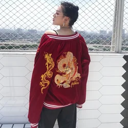 NEW Autumn Winter Punk Embroidered Dragon Bomber Jacket Baseball Uniform Jacket Female Loose Bf Wind Street Wear Fashion Tops