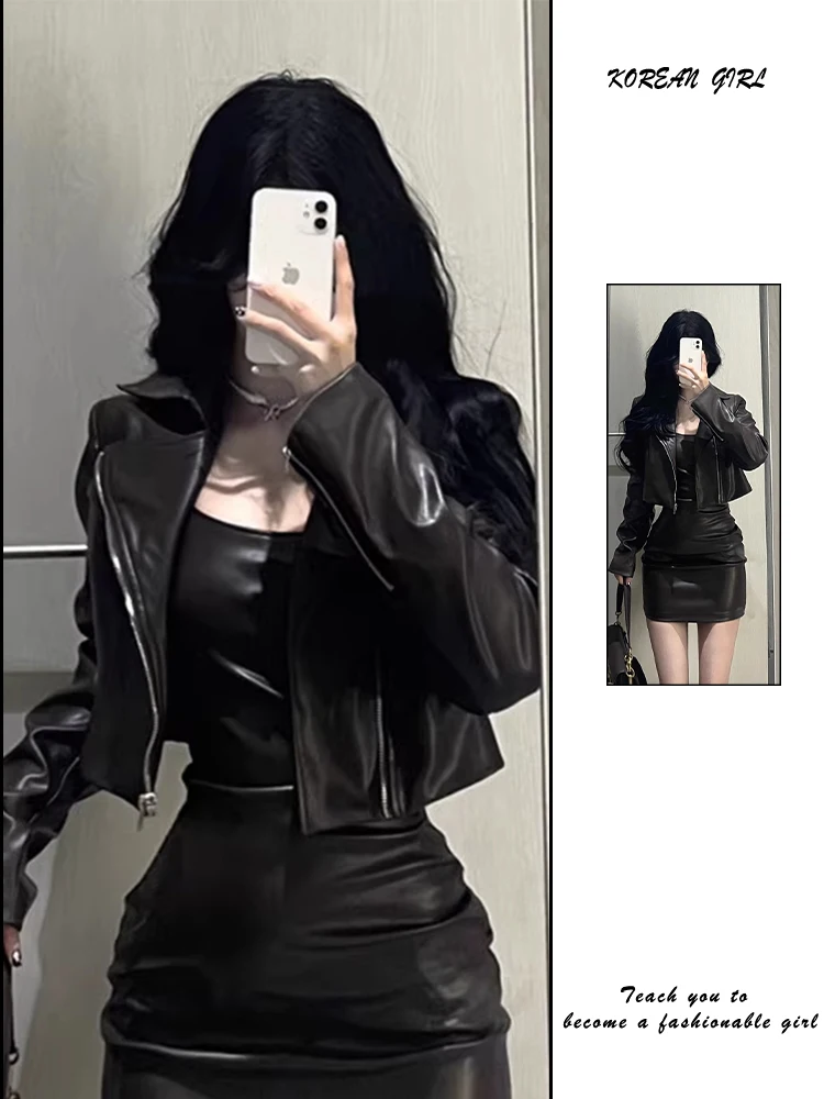 سترة نسائية قصيرة من الجلد الأسود من Pure Desire لربيع الخريف مقاس صغير أنيقة راقية ذات ملمس عصري عالي الجودة