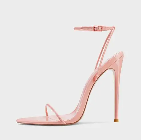

Summer Woman Pink Nude Patent Leather Poined Open Toe One Line Ankle Buckle Strap Stiletto Heel Sandals High Heels Party Shoes