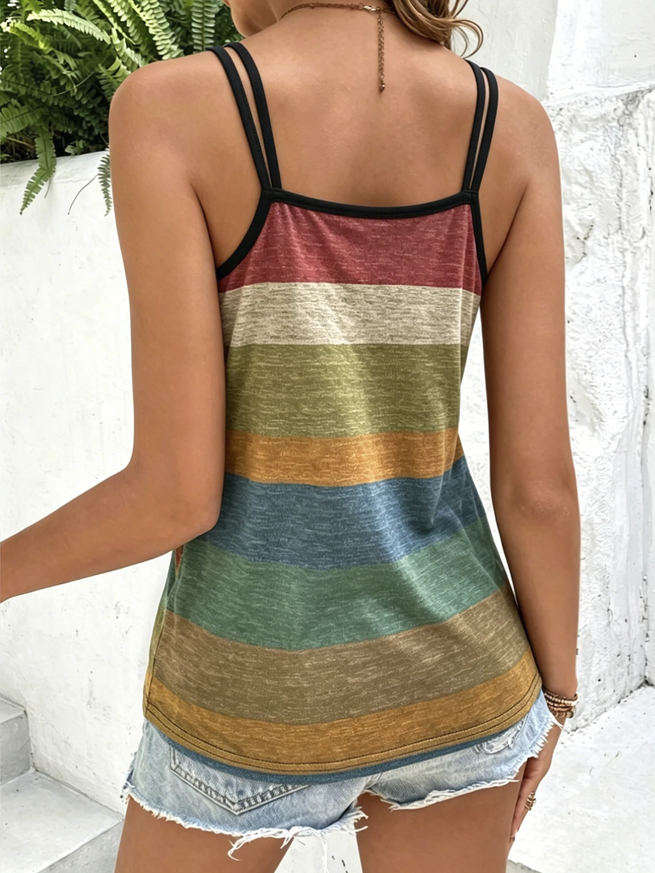 2026 Summer New European and American Women's Clothing Color Block Striped Double Strap Design V-Neck Sleeveless Vest for Women