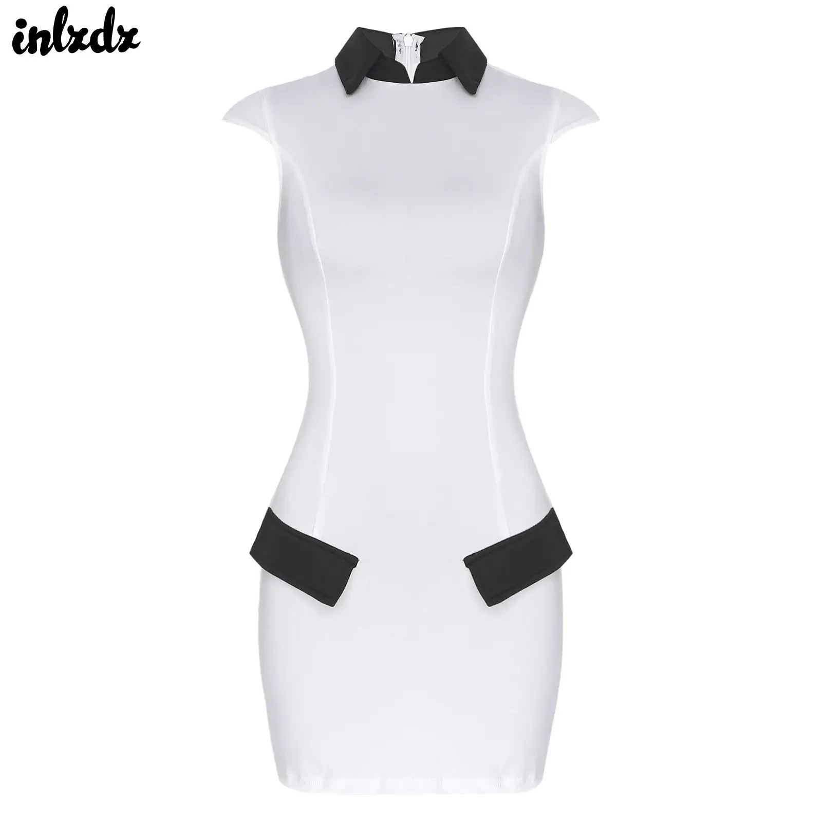 Womens Slim Fit Bodycon Mini Dress Contrast Color Lapel And Decorative Flap Cap Sleeve Back Zip Short Dress Office Party Costume