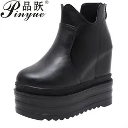 12cm 13cm14cm Women's Ankle Boots Autumn PU Leather Shoes Woman Platform Height Increased Sneakers Thick Sole Wedges black boots